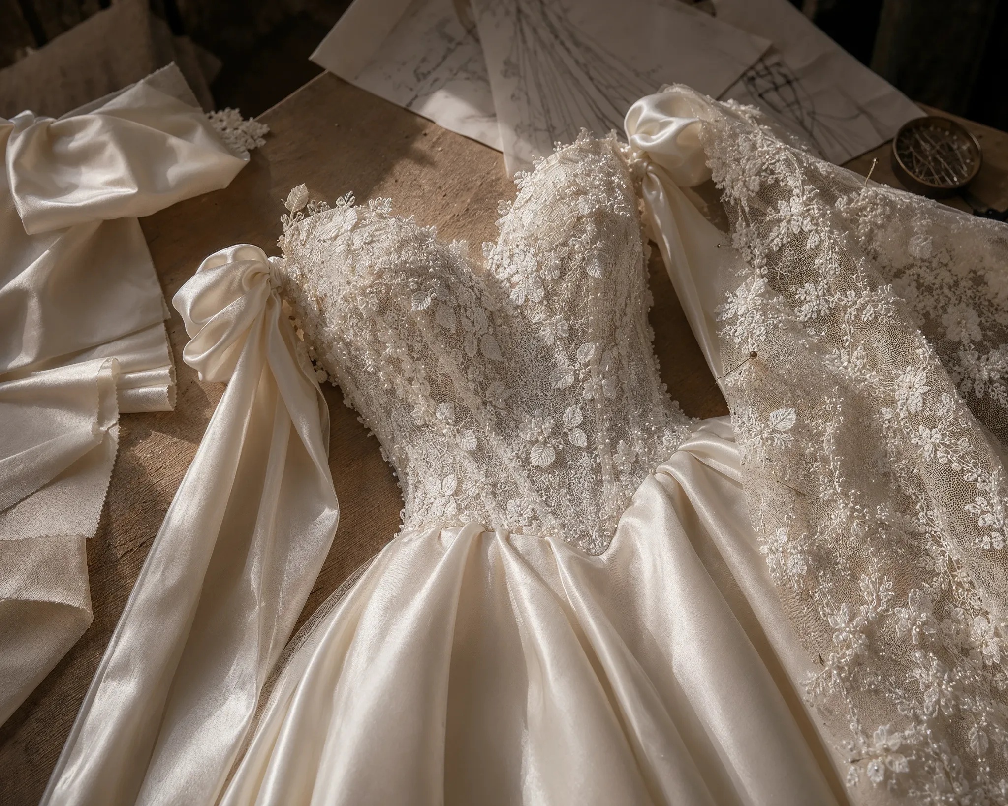 Stoff- und Spitzendetail eines Brautkleids im Weddinghouse Düsseldorf